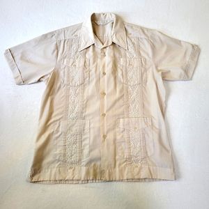 Romani Men L White Short Sleeve Collared Button Up Embroidered Cuban Beach Shirt